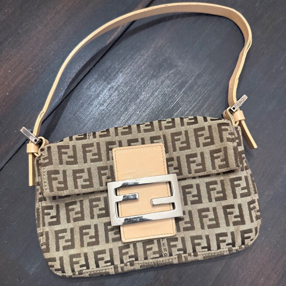 Fendi Zucca Zucchino Canvas Baguette Shoulder Bag Women Small Brown **READ**
